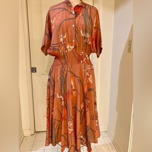 Carole Little, St. Tropez West. Dress,  80’s floral 100% silk. Mandarin collar.